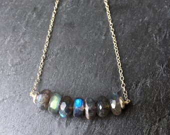 Labradorite necklace sterling silver or gold blue flash gemstone, dainty minimal sparkly crystal row small jewelry gift for friend, UK
