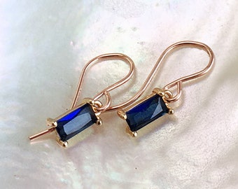 Sapphire blue earrings, 14k gold fill hooks, Small dark navy blue dangle earrings, TINY CZ baguette jewel drop jewelry gift for friend uk