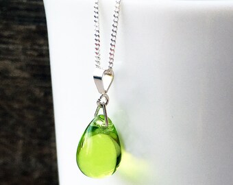 Peridot green necklace, sterling silver lime green glass teardrop pendant, dainty everyday jewelry, minimal classic gift for sister, UK