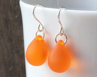 Orange earrings teardrop earrings, matte frosted Czech glass, faux seaglass, sterling silver, dainty classic jewelry gift for wife, mum, UK