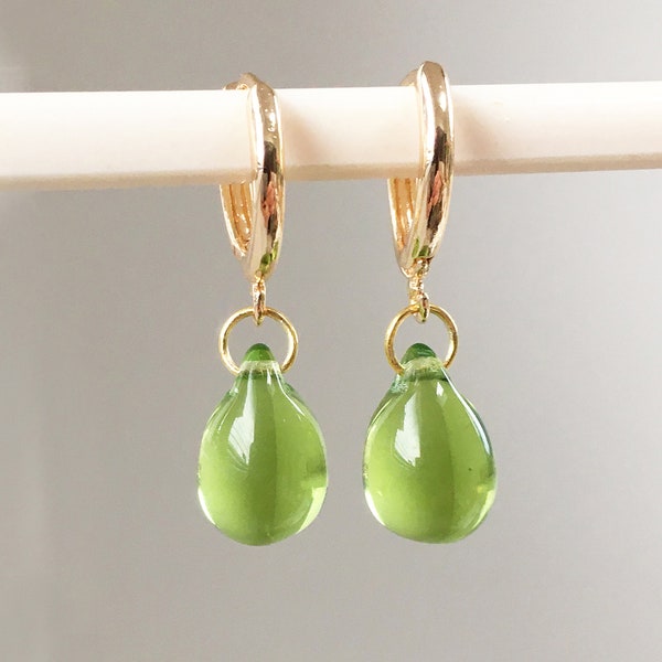 Peridot green gold huggie hoop glass teardrop earrings, lime green tear drop jewelry, everyday dainty classic bridesmaid gift UK