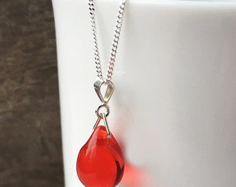 Red teardrop necklace, dainty sterling silver glass pendant, everyday jewelry, minimal classic gift for mum UK