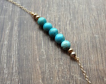 Real turquoise necklace, dainty turquoise row, 14k gold fill 925 silver, blue stone beaded necklace, small choker handmade jewelry gift Uk