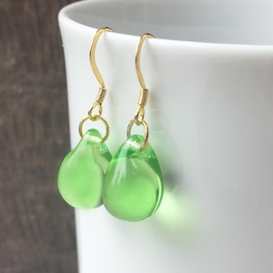 Light green 18kt gold plated over silver, glass teardrop earrings pale peridot green tear drop jewelry, everyday dainty bridesmaid gift, UK