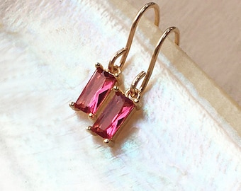 Pink earrings 14kt gold fill hooks, TINY hot pink CZ dangle earrings, small baguette jewel drops, faceted jewelry handmade gift for wife uk,