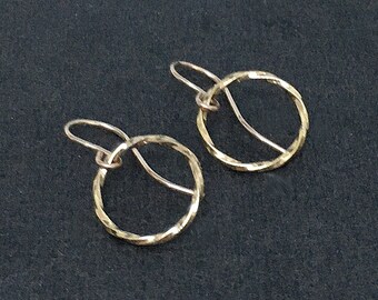 Gold hoop earrings, gold vermeil circle earrings, simple textured earrings, twisted dangly drops, everyday dainty jewelry gift for mum, UK