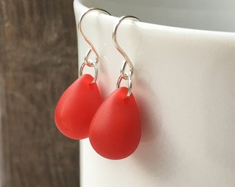 Red teardrop earrings, sterling silver dangly bright red matte glass drop earrings, everyday jewelry, dainty birthday gift under 15 UK