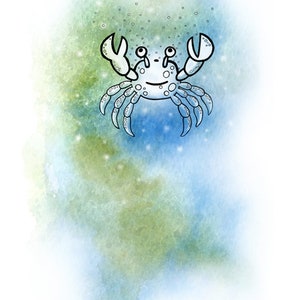 Könnte beinhalten: Eine skurrile Illustration eines Krebses mit einem lächelnden Gesicht und großen Scheren. Der Krebs ist hellblau mit weißen Punkten, vor einem Aquarellhintergrund aus Blau, Grün und Weiß, mit Blasen darüber.