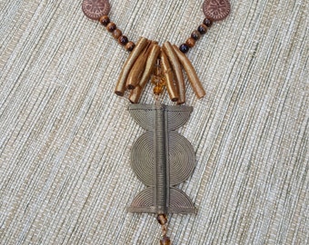 Brass and Tobacco Glass Colored Beaded Necklace