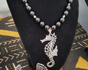 Hematite and Silver Plated Sea Horse Necklace