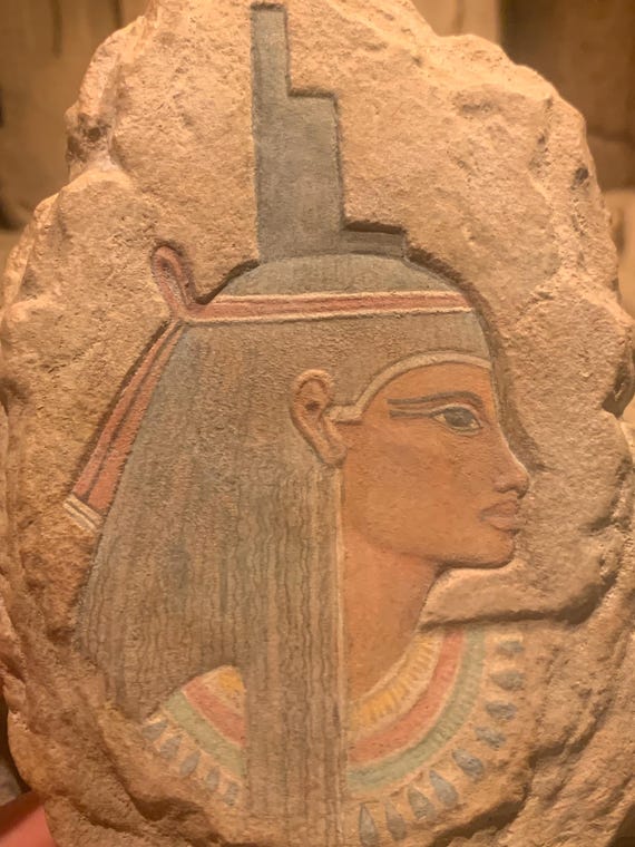 Egyptian art - Isis / Aset - Powerful goddess of magic, mothers, healing. Painted relief sculpture