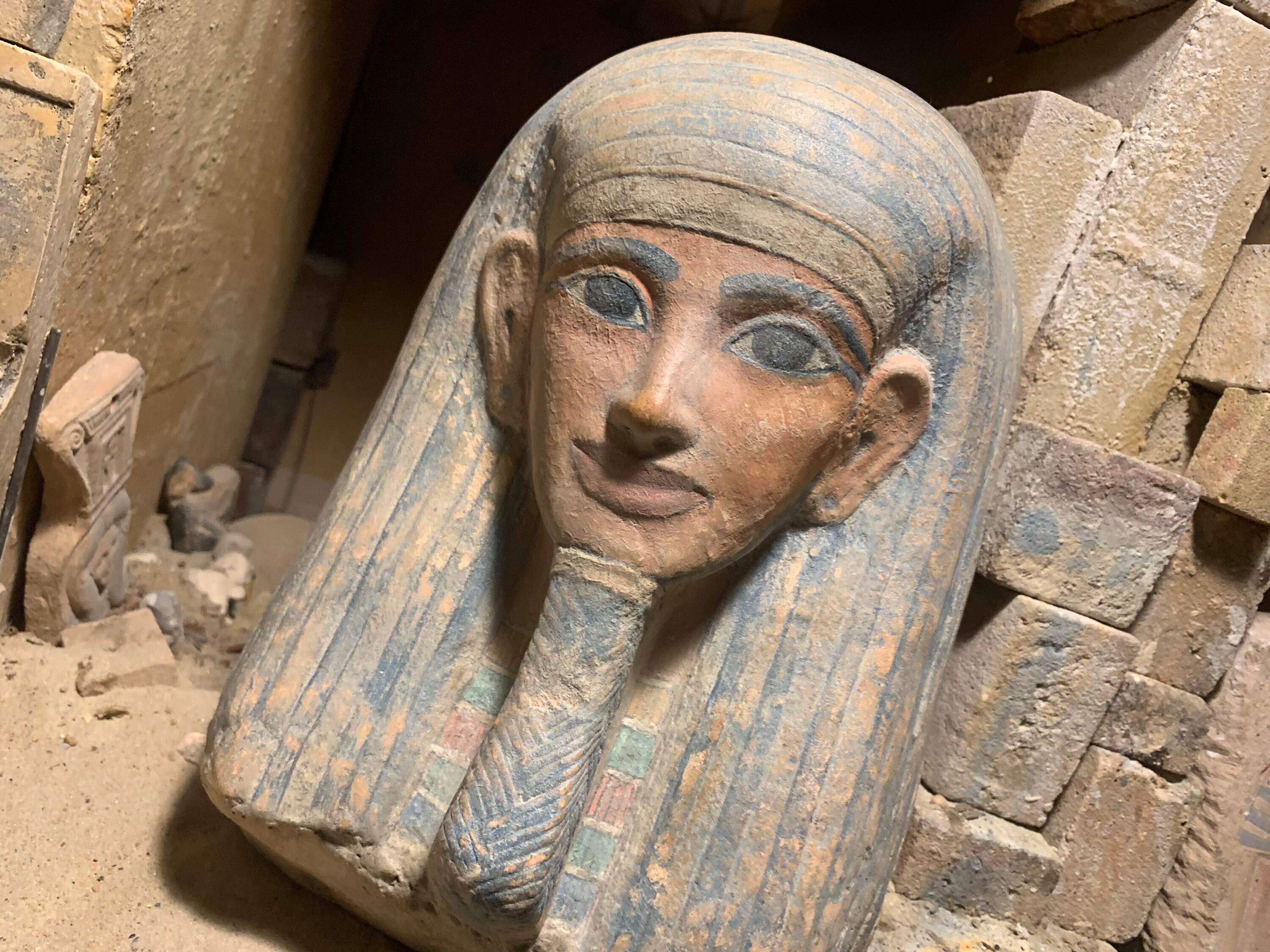 Egyptian statue / mummy mask Saite period art / sculpture mounted on
