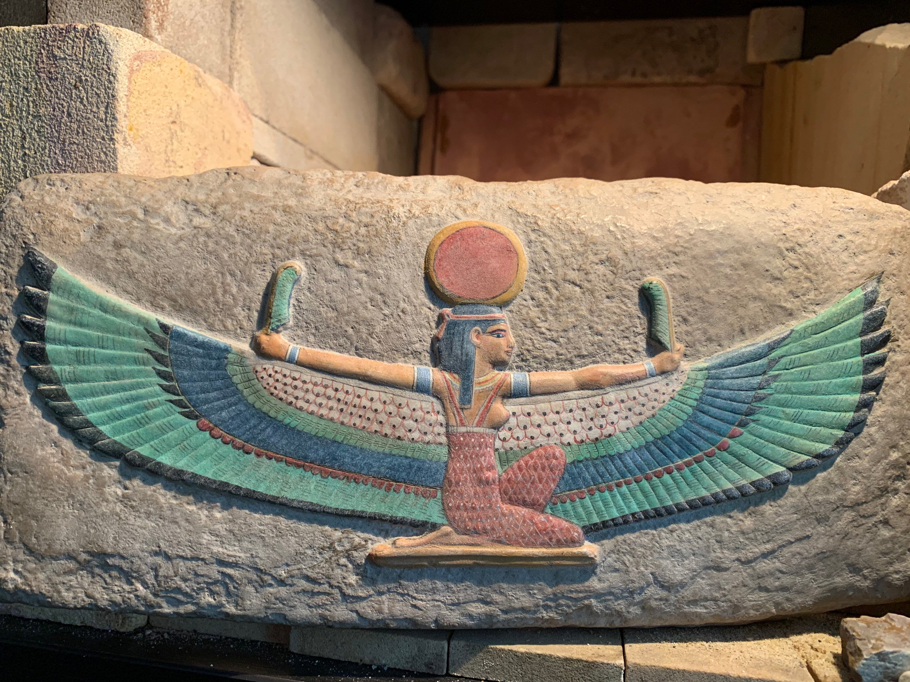 Egyptian art / wall relief sculpture of Maat the Goddess of truth, justice, balance and harmony