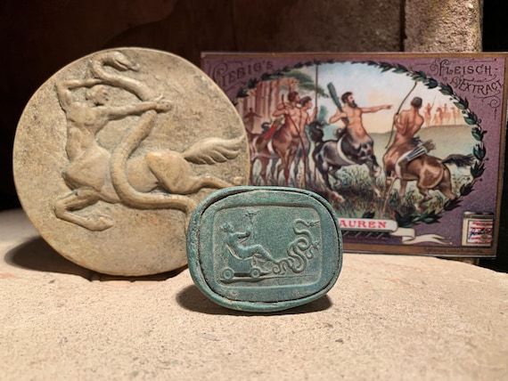 Centaur & serpent + Triptolemus in snake chariot - Greek / Roman mythology - relief amulets