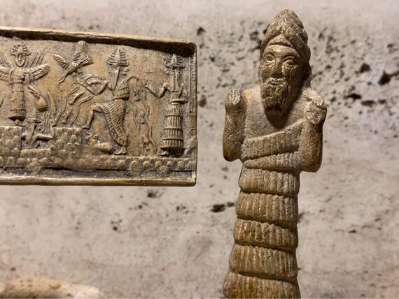 Sumerian statue and seal impression replica. Enki, Ishtar, Shamash & Ninurta