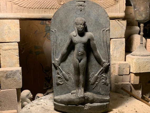 Egyptian statue / cippus - A magical stela featuring Horus the saviour & Bes