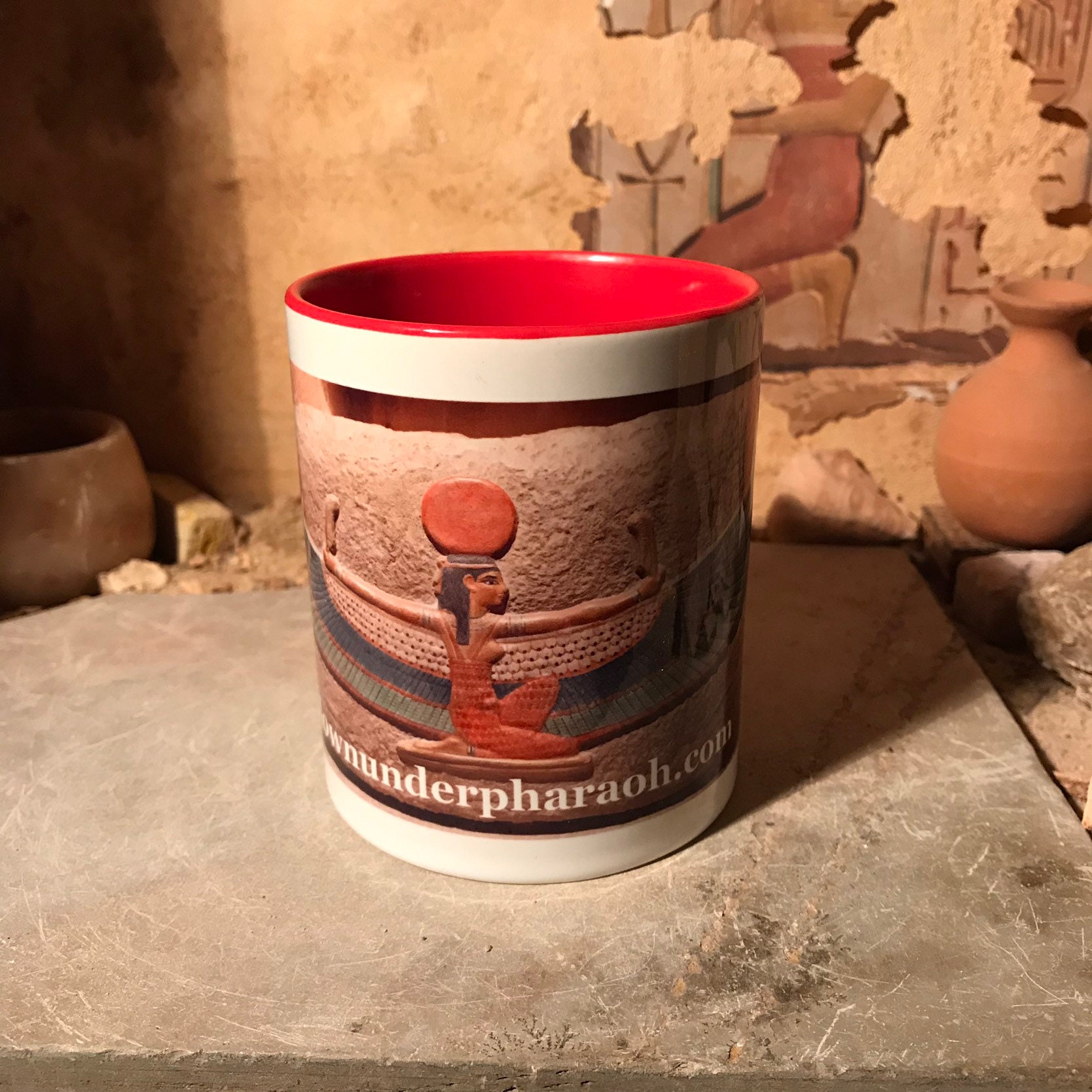 Egyptian coffee or tea cup featuring the goddess Maat. Ancient Egypt art.