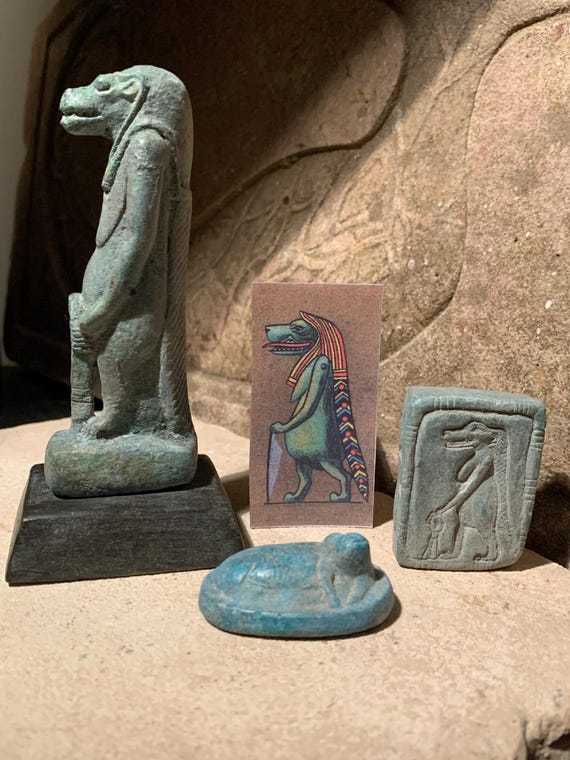 Egyptian statue Taweret - Hippopotamus.Protector Goddess of childbirth + amulets