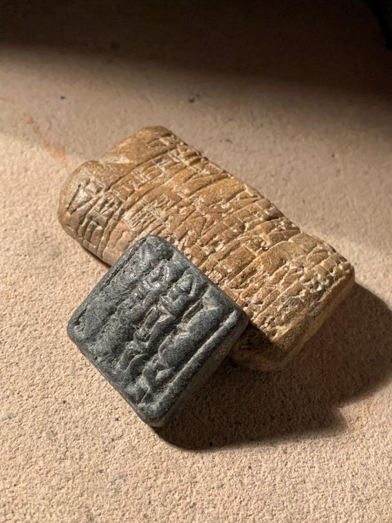 Sumerian cuneiform writing tablets - replica set. Ancient writing of Mesopotamia