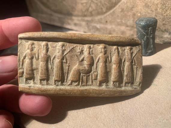 Sumerian / Akkadian Ishtar and Enlil cylinder seal and impression  harvest replica.