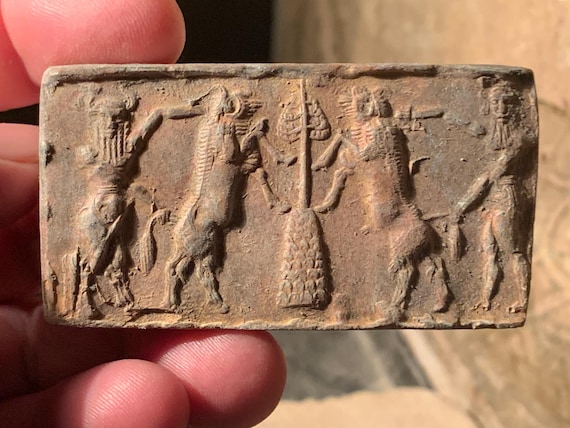 Gilgamesh & bull man Akkadian cylinder seal impression - Mesopotamian art / mythology