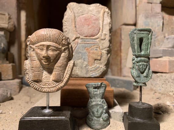 Egyptian goddess of love Hathor collection. Relief sculpture and amulets. Het-Hur