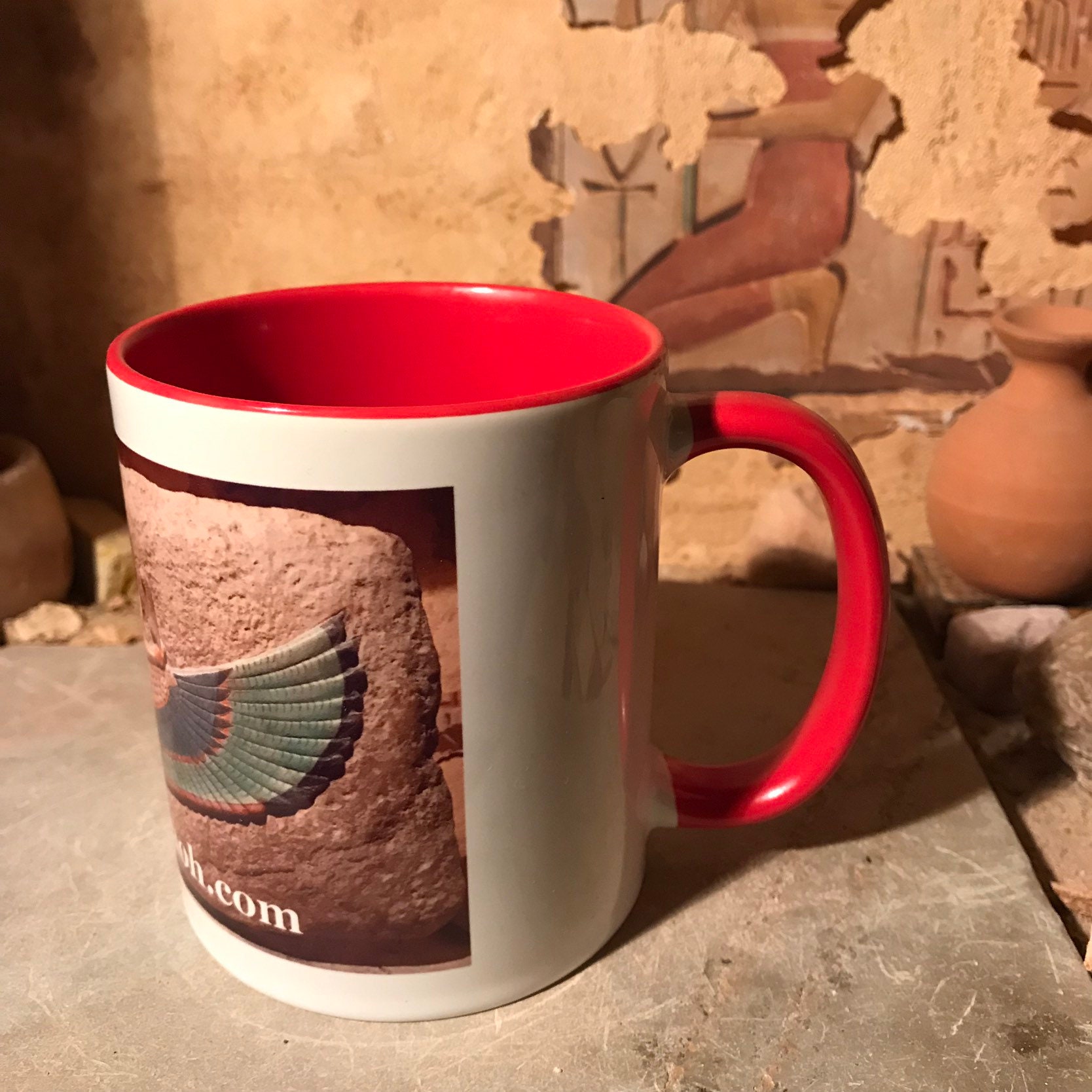 Egyptian coffee or tea cup featuring the goddess Maat. Ancient Egypt art.