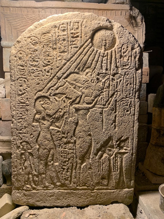 Egyptian Amarna art - Akhenaten, Nefertiti & Princess Meritaten replica relief sculpture / wall relief stele