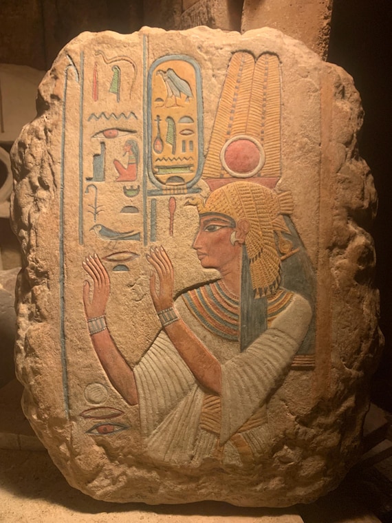 Egyptian art / sculpture - painted relief carving of Queen Nefertari. 19th dynasty. Wall feature.