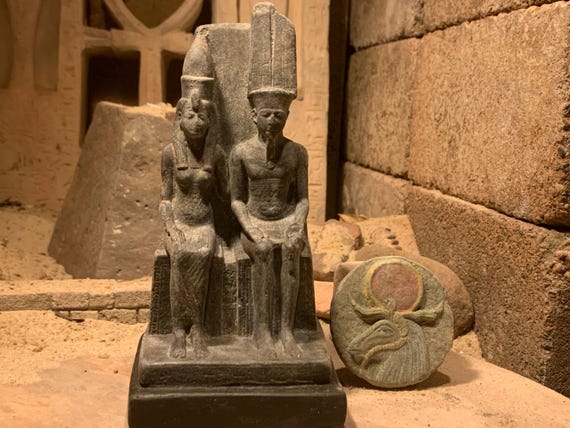 Egyptian museum statue replica of the God Amun & wife Mut. Ancient Egyptian mythology