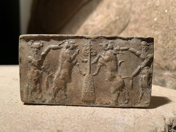Gilgamesh & bull man Akkadian cylinder seal impression - Mesopotamian art / mythology