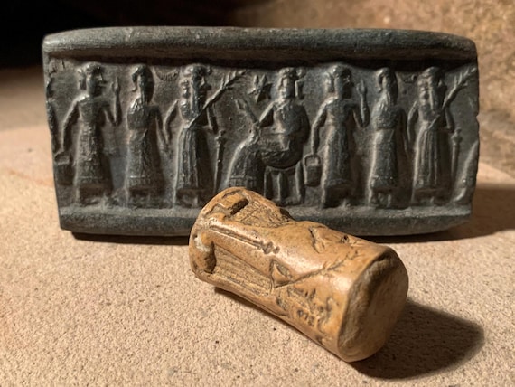 Sumerian / Akkadian Ishtar and Enlil cylinder seal and impression  harvest replica.