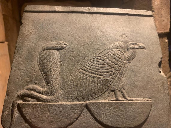 Egyptian art / mythology - relief sculpture of Nekhbet and Wadjet / Vulture and Cobra