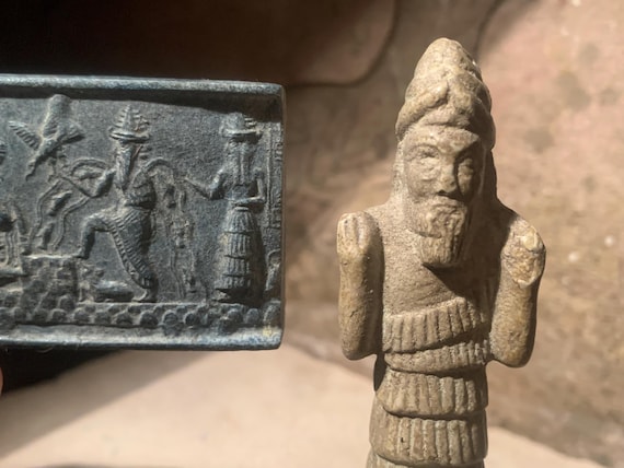 Sumerian statue and seal impression replica. Enki, Ishtar, Shamash & Ninurta