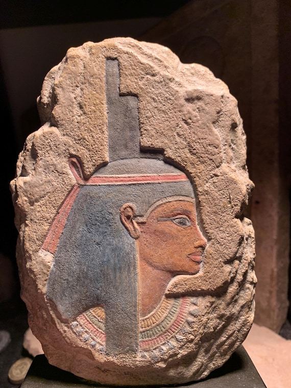 Egyptian art - Isis / Aset - Powerful goddess of magic, mothers, healing. Painted relief sculpture