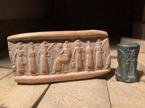 Sumerian / Akkadian Ishtar and Enlil cylinder seal and impression  harvest replica.