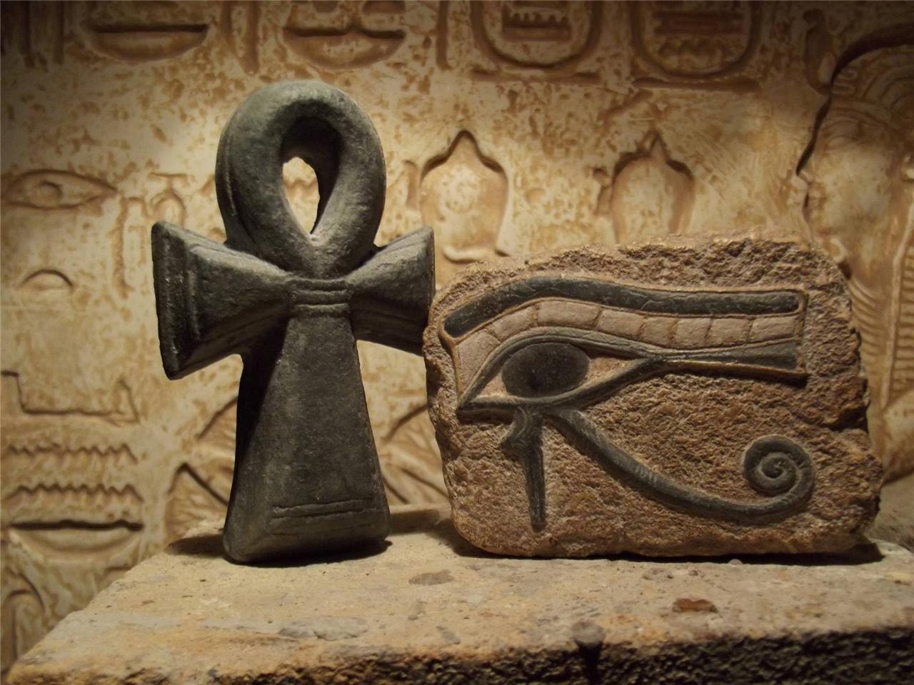 Egyptian Art - Eye of Horus and Ankh amulet. Ancient Egypt carving