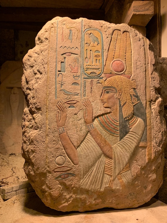 Egyptian art / sculpture - painted relief carving of Queen Nefertari. 19th dynasty. Wall feature.