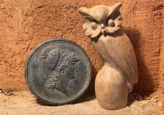 Athena / Minerva - Greek / Roman art goddess of wisdom + Owl statue mascot