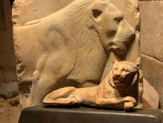 Egyptian Lion statue and relief sculpture set