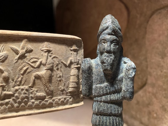Sumerian statue and seal impression replica. Enki, Ishtar, Shamash & Ninurta