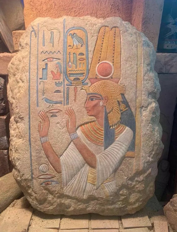 Egyptian art / sculpture - painted relief carving of Queen Nefertari. 19th dynasty. Wall feature.