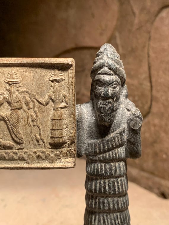 Sumerian statue and seal impression replica. Enki, Ishtar, Shamash & Ninurta