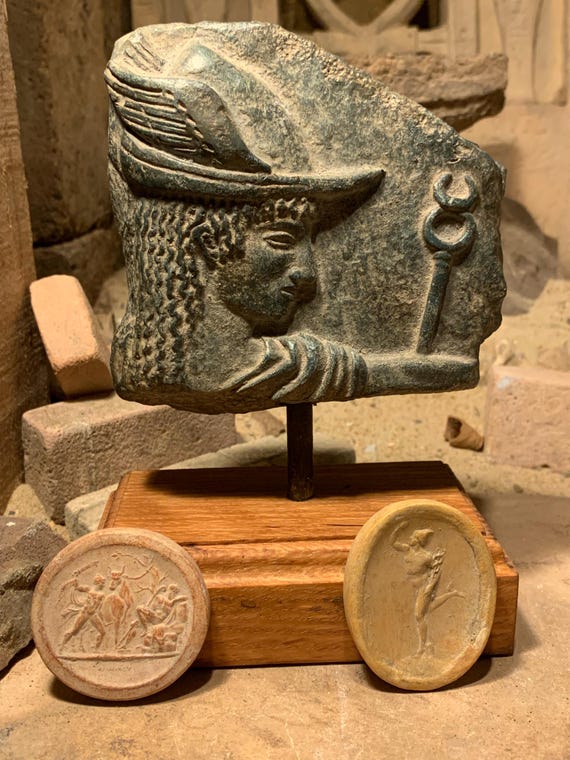 Hermes / Mercury collection - Replica mounted relief fragment of Ancient Greek art + amulets of the winged messenger god.