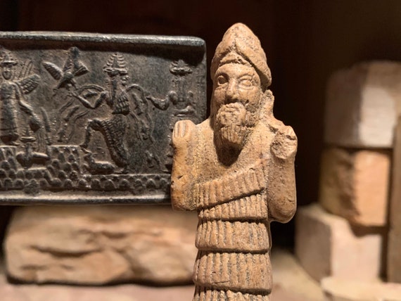Sumerian statue and seal impression replica. Enki, Ishtar, Shamash & Ninurta