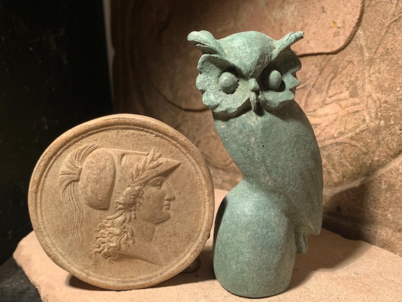 Athena / Minerva - Greek / Roman art goddess of wisdom + Owl statue mascot