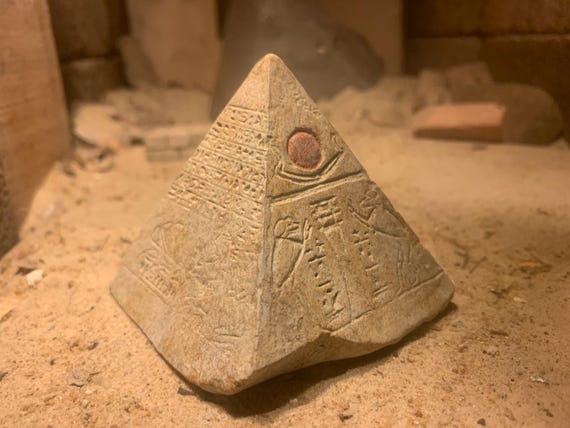 Egyptian Pyramid / capstone museum replica - featuring Thoth & the boat of Ra