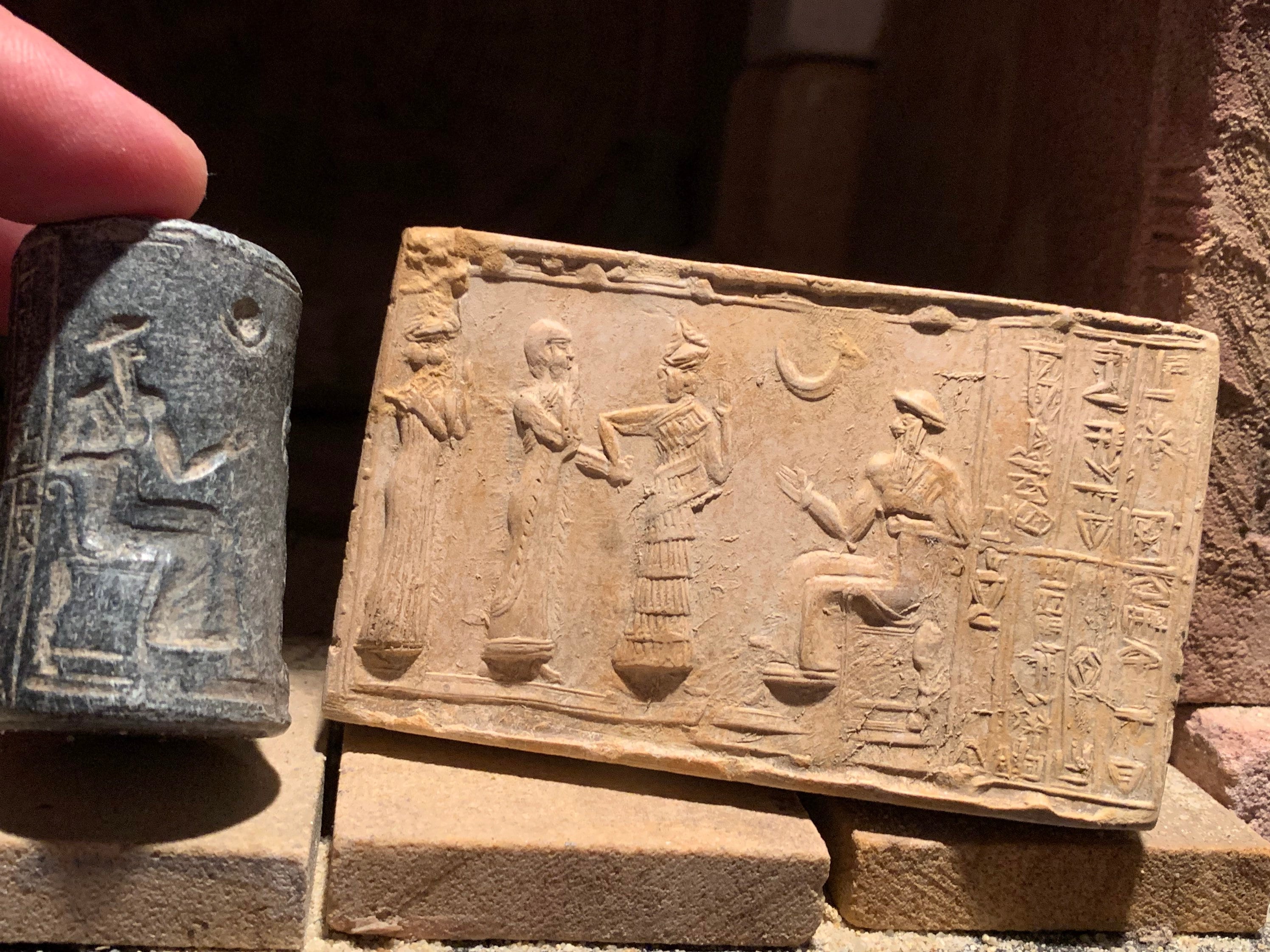 Sumerian cylinder seal of Ur Nammu. Museum replica tablet set