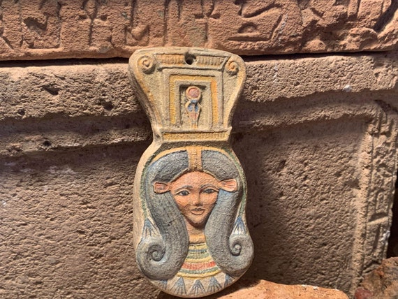 Egyptian art - Hathor / Het-Hur- Goddess of love and music. Hanging amulet. Sistrum form - spiral wig