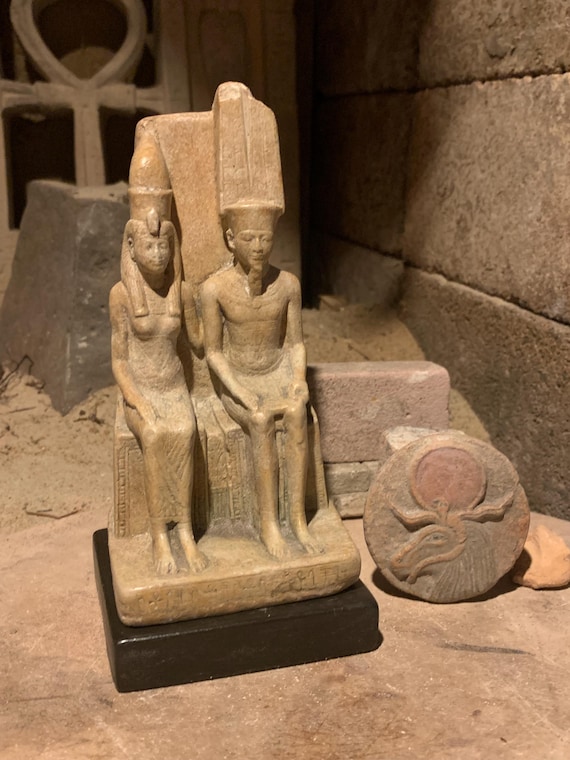 Egyptian museum statue replica of the God Amun & wife Mut. Ancient Egyptian mythology
